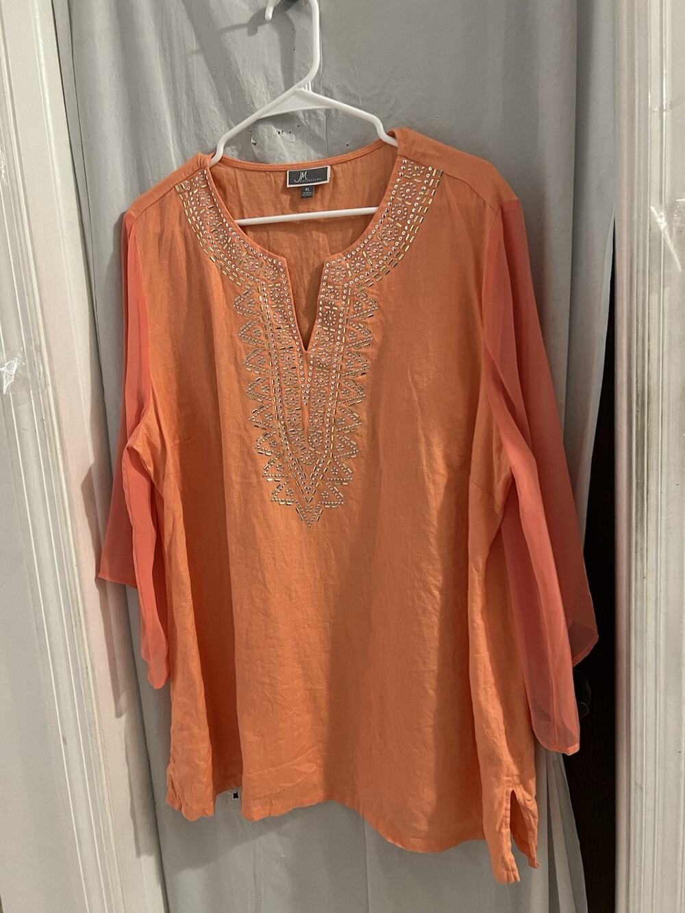 J M Collection Orange V Neck Beaded Linen Tunic Top Sheer Sleeves Sz Xl